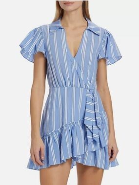 Cinq a Sept Lila stripe wrap midi dress in blue oxford